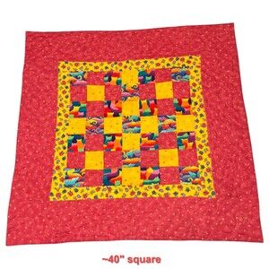 Baby Quilt Blanket 40" Square Handmade Patchwork Teddy Bears Cats Crocodiles Red